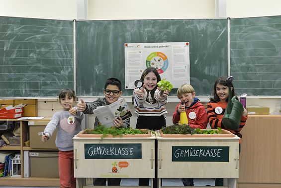 Eine Gruppe Schulkinder präsentiert in ihrem Klassenraum stolz ihr selbstbepflanztes Hochbeet