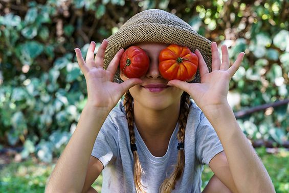  Ein nettes kleines Mädchen, das jeweils eine frische Bio-Tomate vor ihre Augen hält.